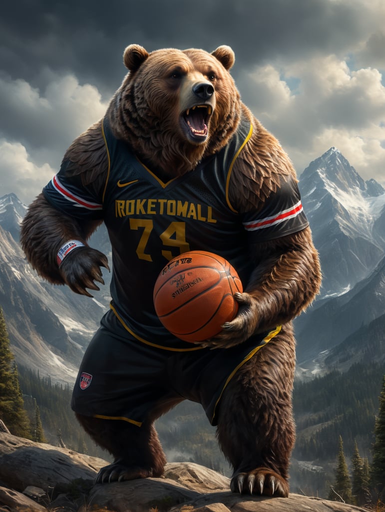 grizzly bear wearing a black basketball jersey