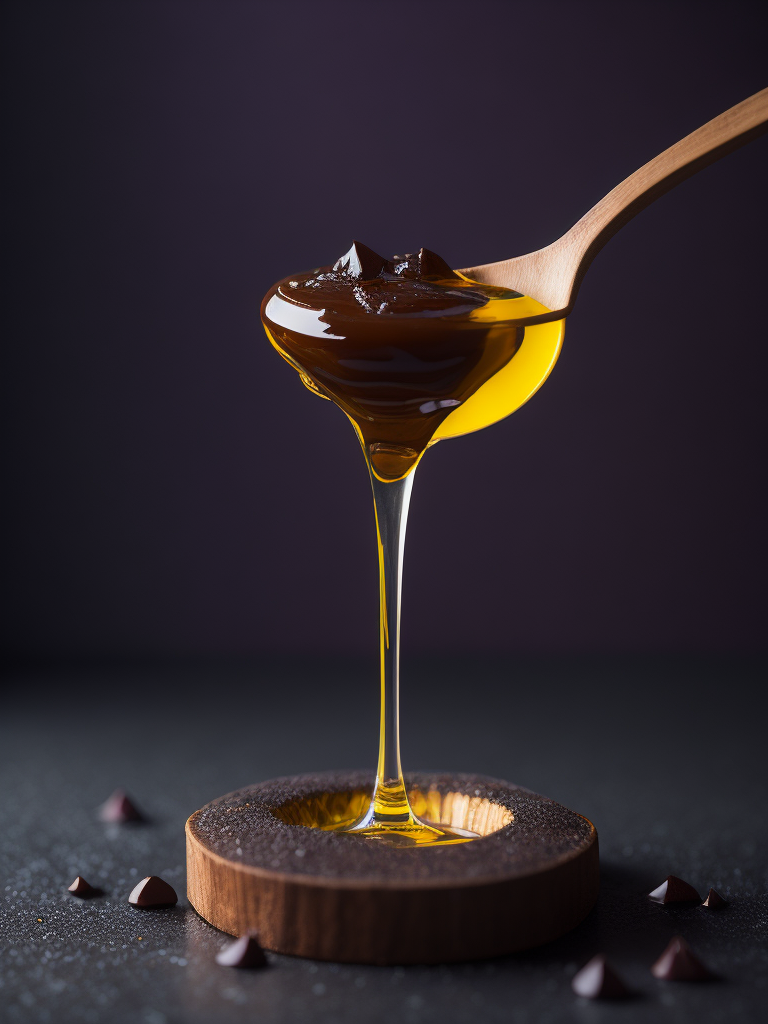 a photo of honey from the wooden spoon going down on the melted chocolate, deep purple background, deep atmosphere