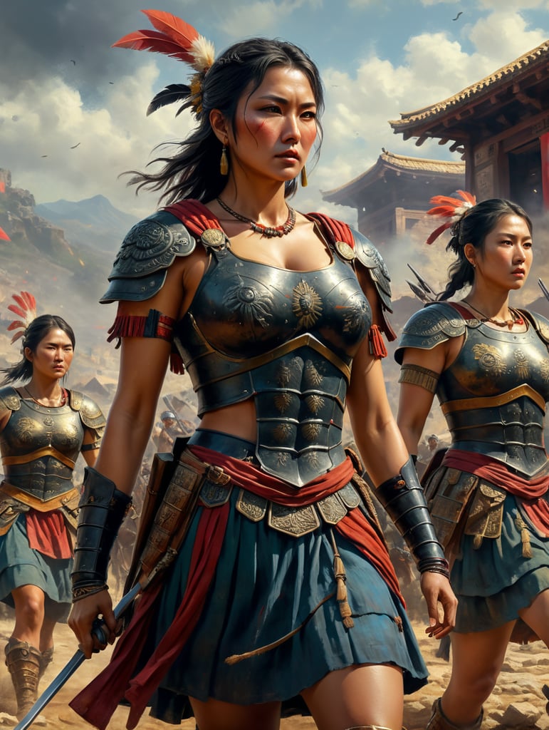 stgrong female roman battlefield apache colorful short dress vintage background old japanese