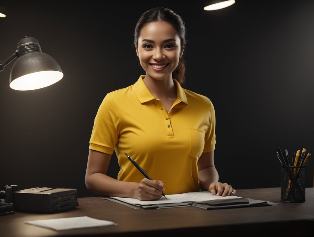 happy worker behind desk, using plain yellow polo tshirt, with a pen on her hands smiling, no background