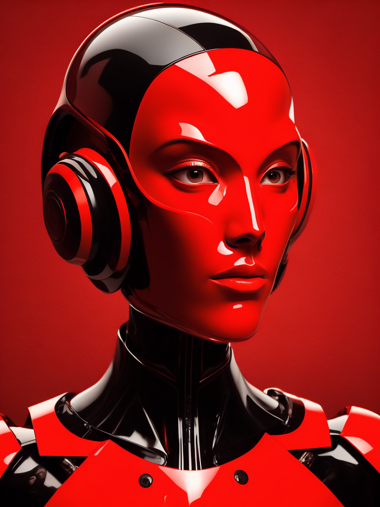 Portrait of an android girl made of red glossy material, sharp highlights, red background, Vivid saturated colors, Contrast color