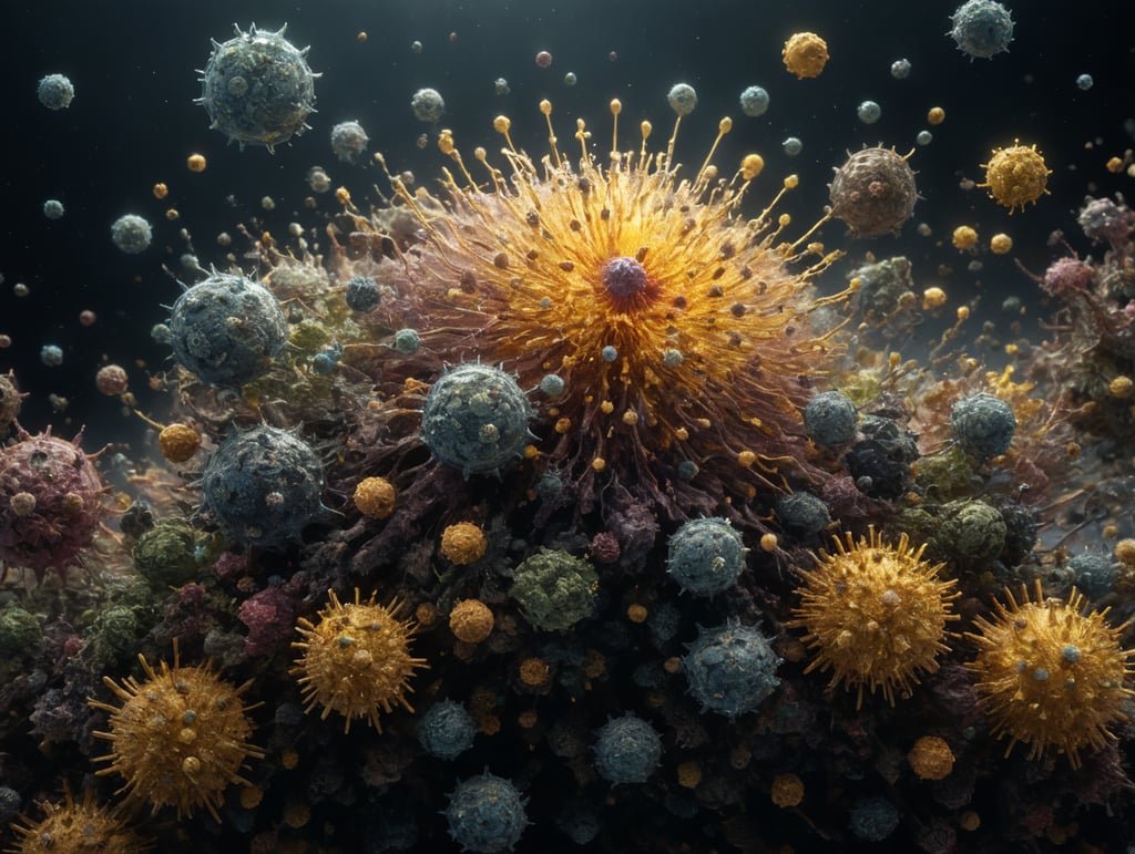 view of several airy microscopic particles floating in the air such as viruses, pollen and bacteria