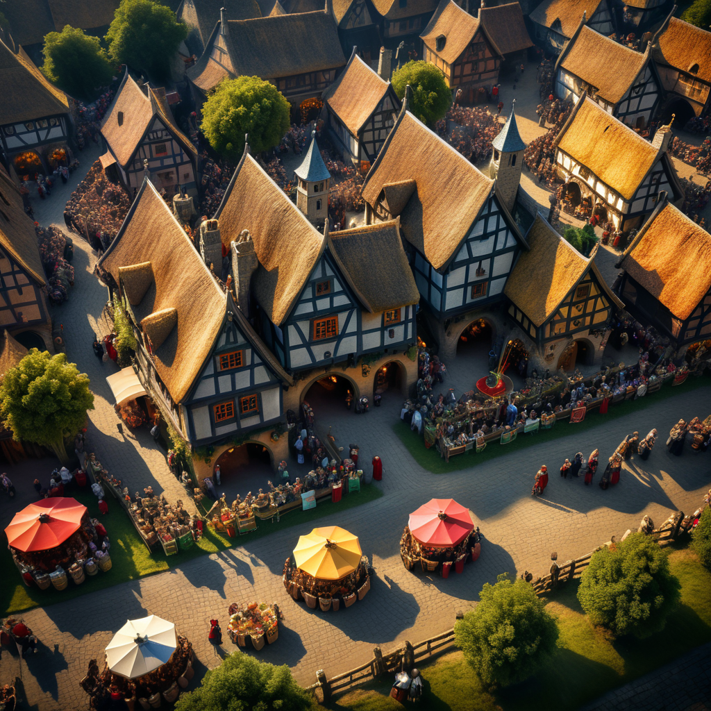 A medieval-inspired creative concept is depicted in a tilt-shift photograph capturing the joyful ambiance of a village fete and fair
