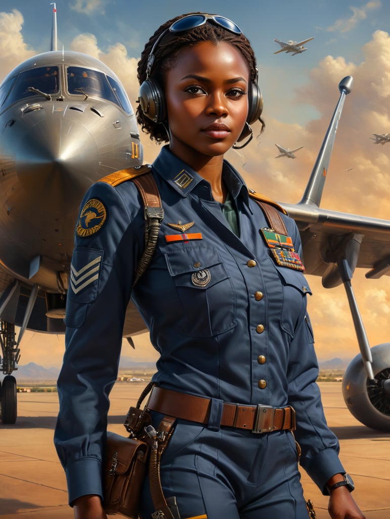 young african woman, pilot, in uniform, smart, full body, modern, solid background, front side, executive, friendly face