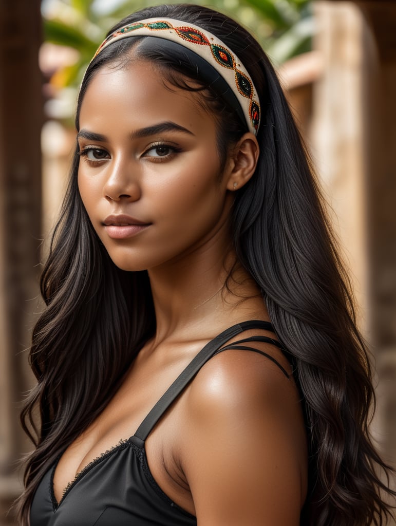 Uma imagem hiper-realista e altamente detalhada de uma linda garota negra com cabelos pretos, longos e lisos usando uma faixa preta em um ambiente mexicano. ela usa calça preta
