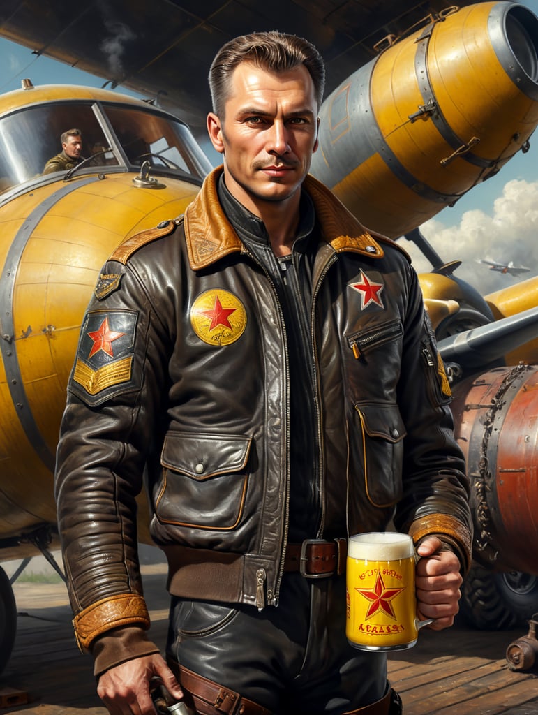 A Soviet male pilot dressed in a flying bomber leather jacket holds a mug of kvass in his hands, in the background a Soviet yellow barrel on wheels with kvass can be seen