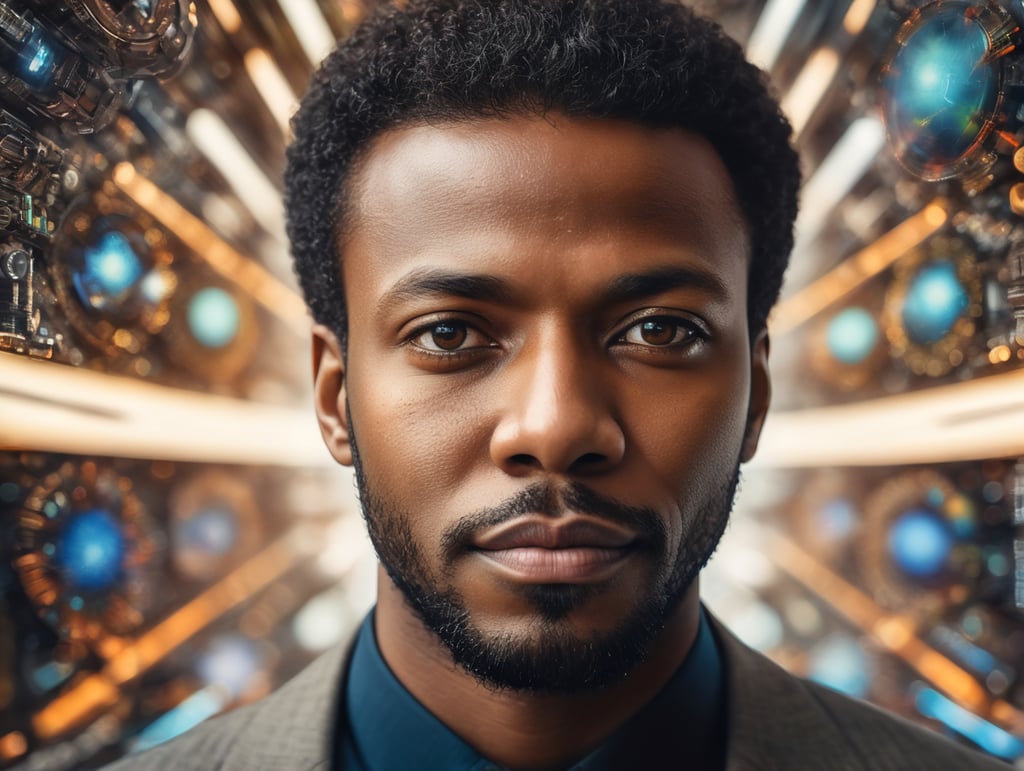 realistic illustration of a close-up portrait of an optimistic black man surrounded by vibrant outward moving abstract technological objects