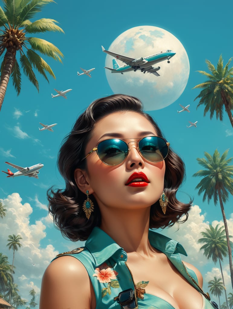 Pin up art, portrait, a old Japanese mafioso raised his head up, looks at the sky, sunglasses, one airplane flies in a clear sky and leaves a mark, summer, palms around, palms reflected on a sunglasses, turquoise shades, style by Gil Elvgren