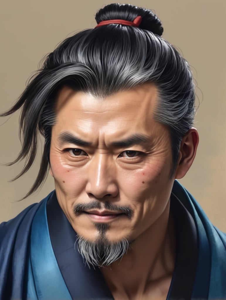 clean shaven,shaved middle aged Japanese man, traditional man bun haircut, black-grayisch hair, wearing a blue kimono and red cloth cloak, water color artwork portrait style dnd artwork