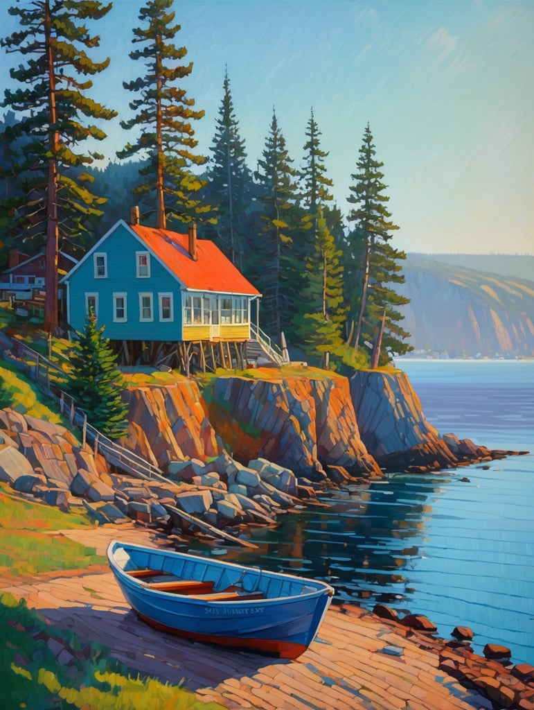 Ocean, seashore, some gaspé cliffs, labrador landscape, rpg style, erin hanson, trees, boat, quay, wharf, morning light with long shadows and mist, some fog, house, painting, hill, spruce tree, some sand