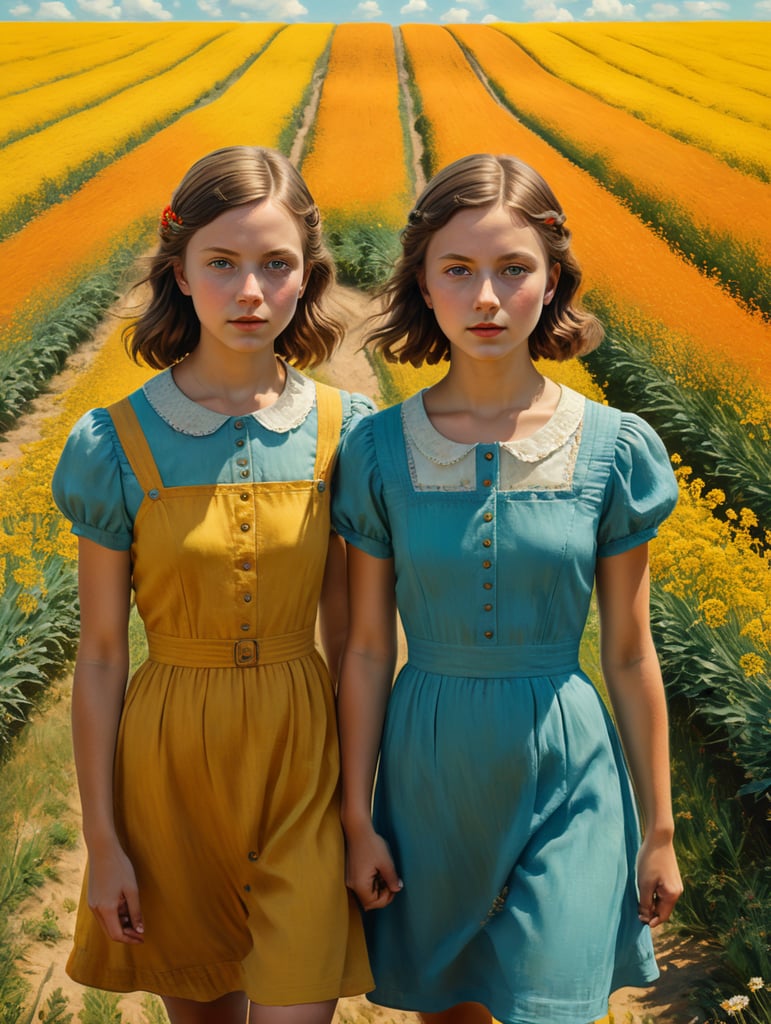 Vintage portrait of two girls wearing a simple dress in a yellow field, clear blue sky, complementary colors, Wes Anderson style, Incredibly high detail, Muted colors, turquoise color, orange color, red color