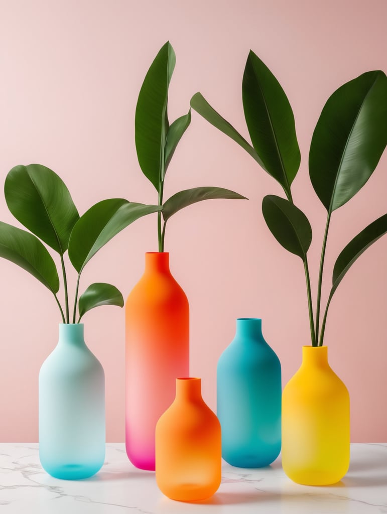 Una serie de 3 jarrones de silicon minimalistas con colores vibrantes inspirados en la estética de el mundo de los sneaker, que sean semitransparentes y con material similar al de las ligas