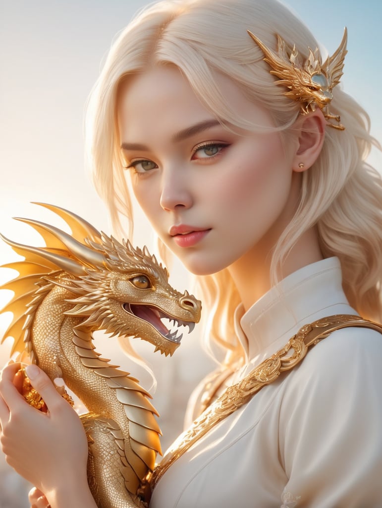 Cute young blonde headed cyberpunk girl holding her golden baby dragon, fantasy, exquisite detail, catch light, low contrast, high sharpness, depth of field, golden hour, ultra detailed photography, shiny stars in the sky