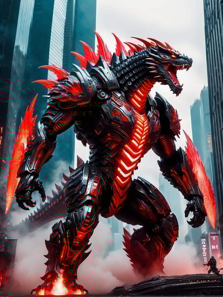high ground angle shot, skyscrappers on low ground, a angry screaming Godzilla fusion Ender dragon, futuristic organic armor like creatures in action with white and red aura and unleashing an attacks, neon light, detailed anime style, fw murano style, full body GALAXY armour, plumes of jet black plumes smokes, In the style of Prokoko, with a focus on bold, expressive brushstrokes and vivid colors, The modifier is CarnageStyle, the color is blood_red, and the intensity is 1. 6, the lighting is cinematic, the angle is dynamic, the details are extreme