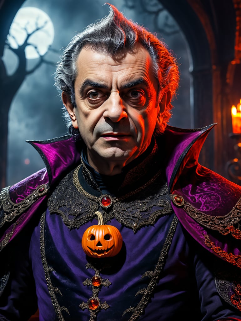 Rowan Atkinson as Drakula wearing spooky Halloween costume, Vivid saturated colors, Contrast color