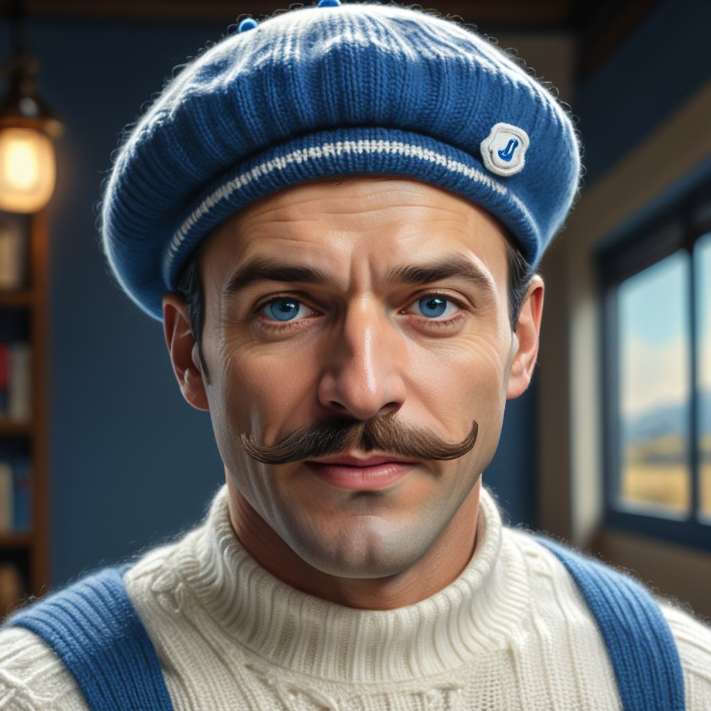 French man moustache and beret wearing a white sweater with blue horizontal stripes being chase by a big poo emoji