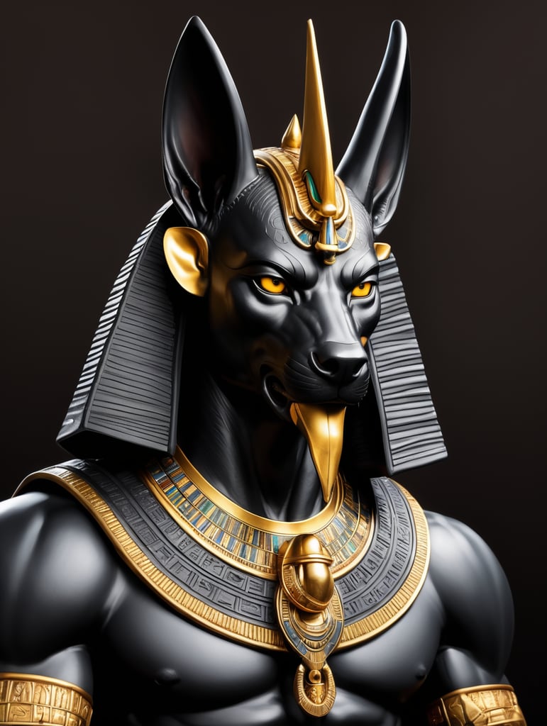 Egyptian god Anubis, portrait, hyper-realistic, dark style, focus on face, sharp on details, black background