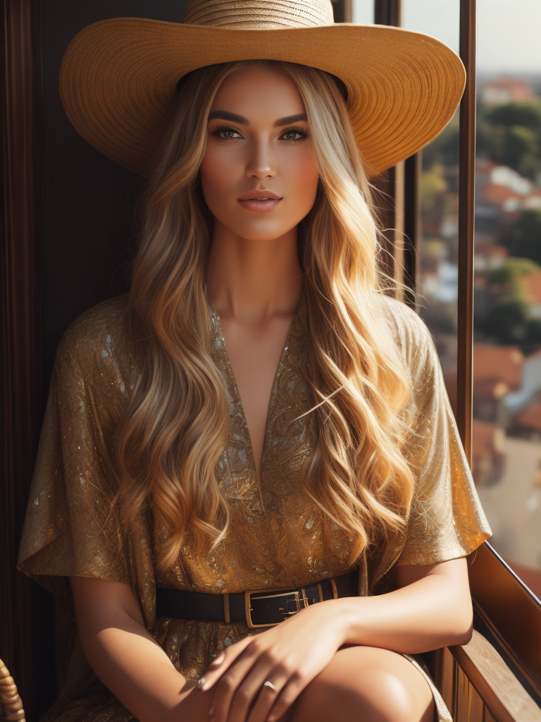 look at camera portrait of elegant woman with long blond hairstyle, sitting on the balcony, in a light summer dress in a straw hat, in the style of movie still, y2k aesthetic, light bronze and dark amber, romantic charm, blink-and-you-miss-it detail, elegantly formal