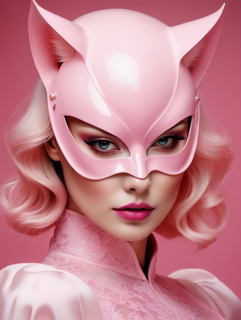 Close up portrait photography, of a gorgeous lady, wearing a pink cat woman mask, 80 degree view, art by sergio lopez, natalie shau, james jean and salvador dali