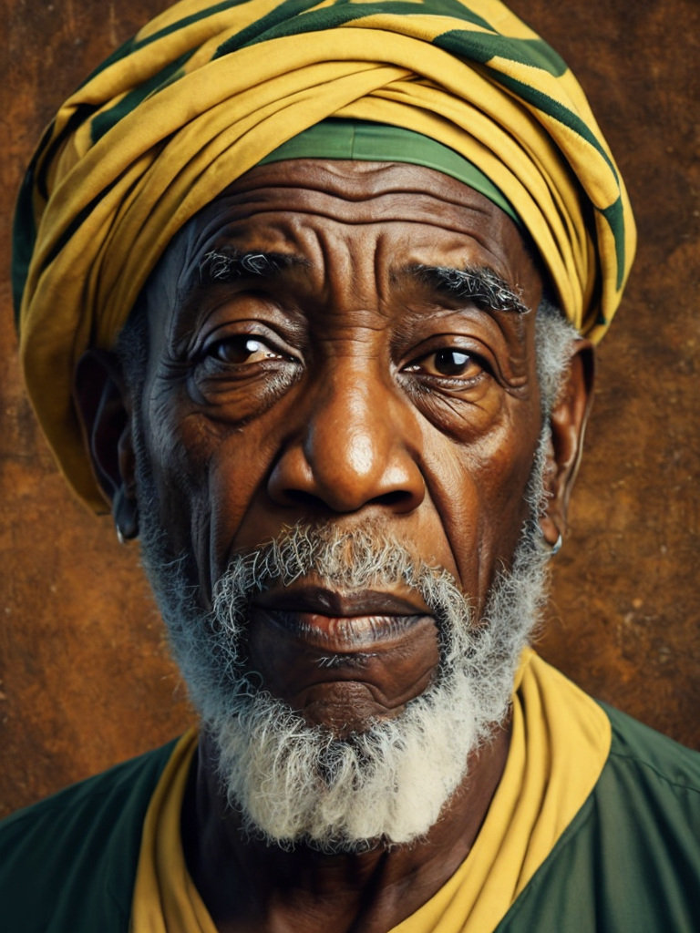 Jamaica's Old Man, portrait, realistic image, lots of details, wearing turban