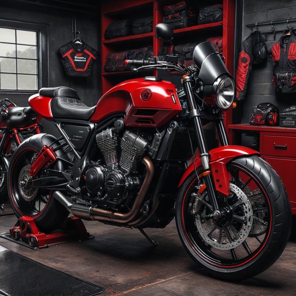 Made a post image for Instagram posting representing Motorbike garments Manufacturing company. With the color combination of Red and charcoal black. Mention the company name "which is Trends MFG Co."