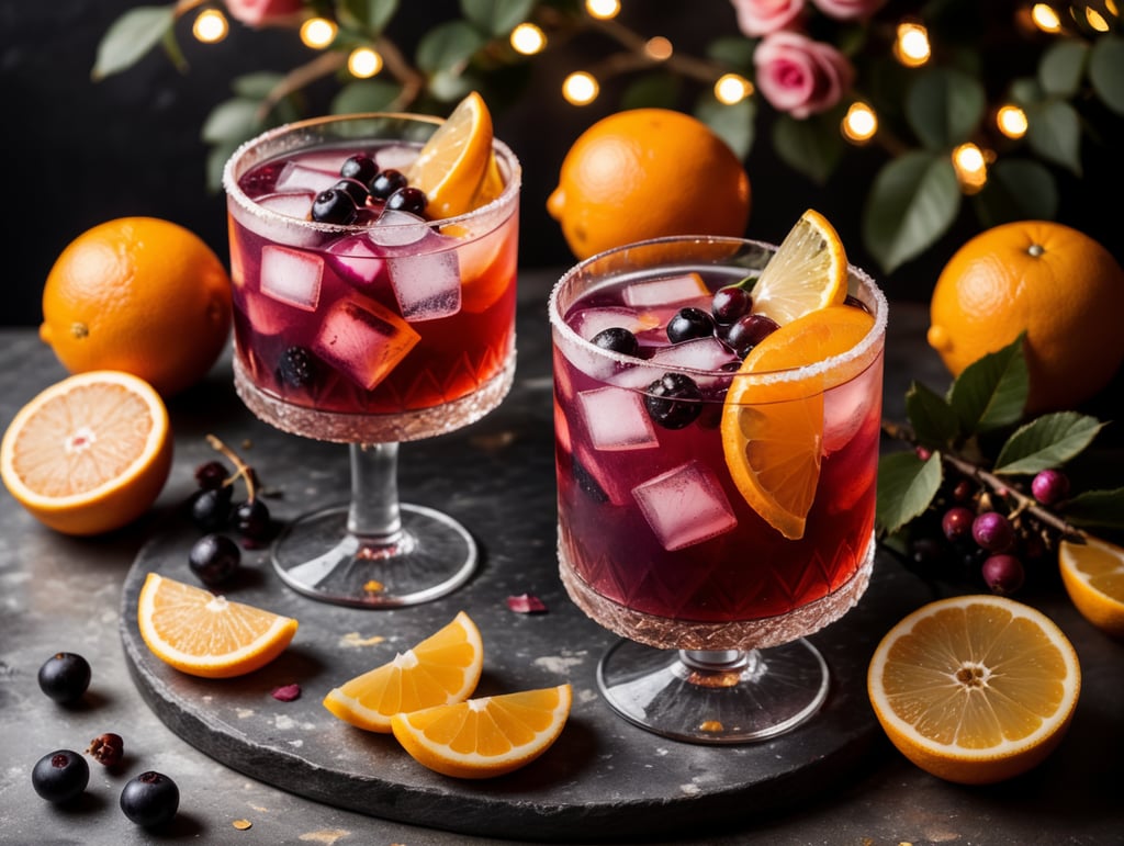 Christmas Cocktail with Extra Dry Gin and Rose Cider, rose petals, halved oranges, sliced ​​lemons with In a set design with bricks, black currant and dry leaves.