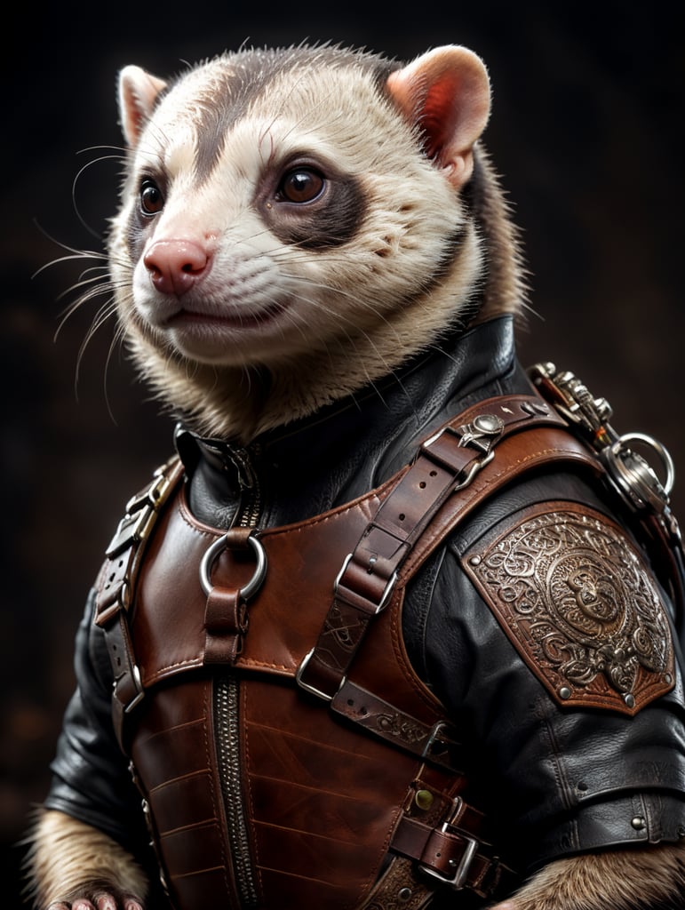 Ferret with leather harness on back