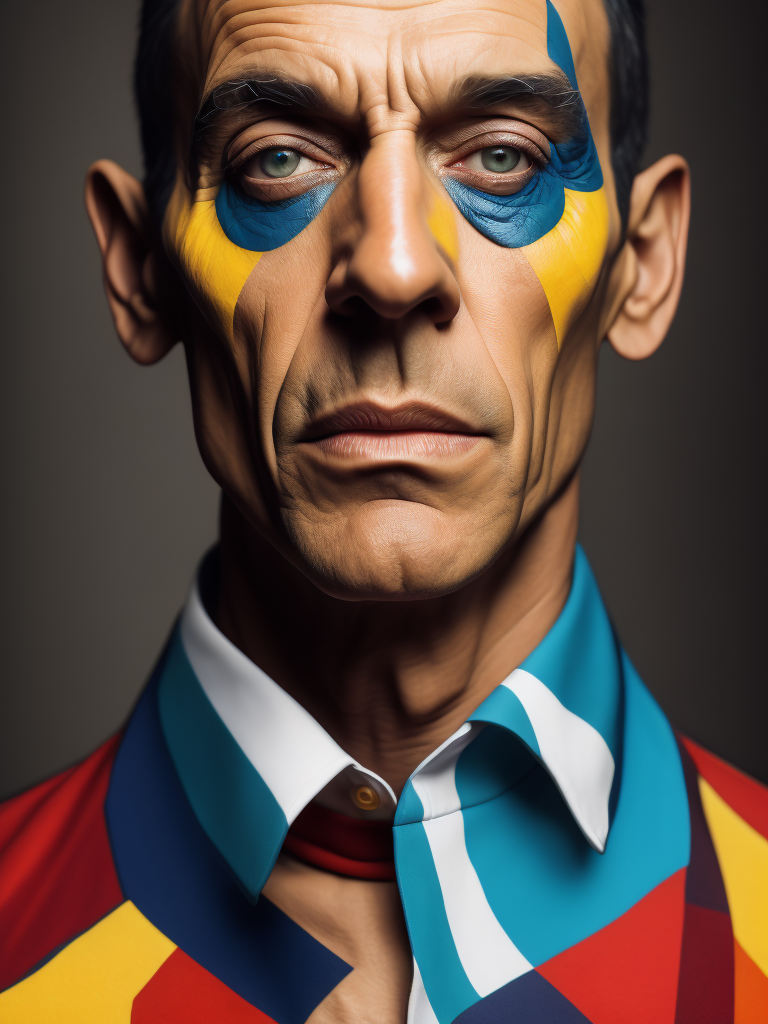 Portrait of Picasso, bright and saturated colors, elegant, highly detailed, vogue, fashion magazine, sharp focus, bright expressive makeup, dramatic lighting, depth of field, incredibly high detailed, blurred background