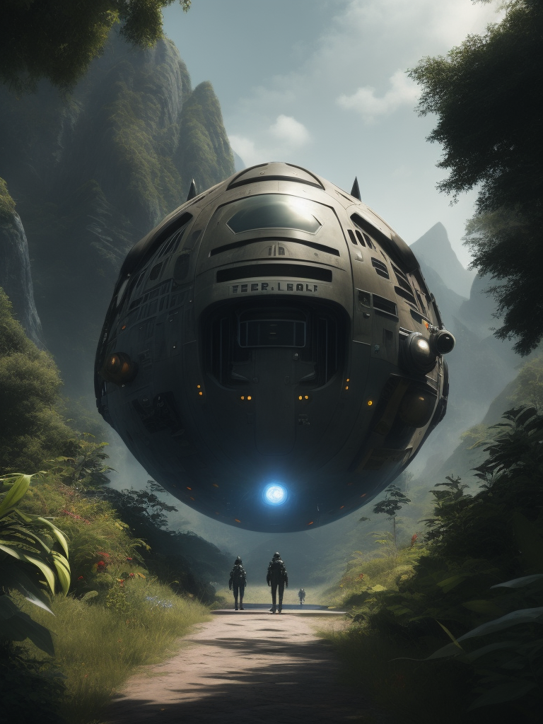 Sci-fi FPS splash screen, a small spaceship in the foreground, a group of spacemen walking away, impressive vegetation, fantasy creatures in the background, fantasy vegetation, Unreal Engine 5, developed by dice, cinematic colour, Ultra-details, 4k