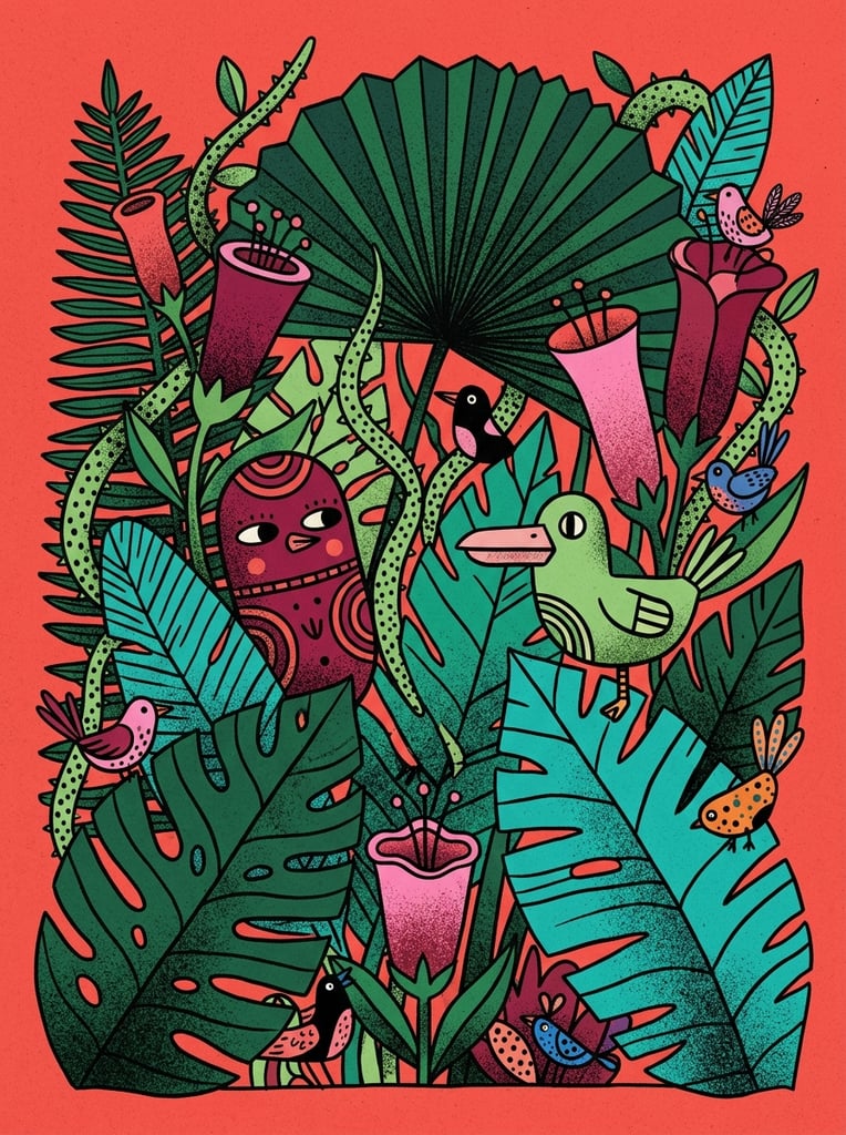 A densely packed stylized botanical illustration features whimsical, abstract creatures hiding among oversized, geometric tropical flora against a solid coral-red background. Deep forest green and bright teal broad leaves, maroon and pink tubular flowers, dotted spiky vines, and a prominent dark green pleated fan leaf overlap to fill the frame. Nestled within the vegetation are quirky characters, including a maroon pill-shaped entity, a light green bird-like figure with a flat beak, and tiny birds in pink, black, and blue. The artwork employs a bold graphic aesthetic enhanced by heavy stippling and coarse grain gradients, granting a soft, tactile volume to the geometric shapes and highlighting a surreal micro-ecosystem.
