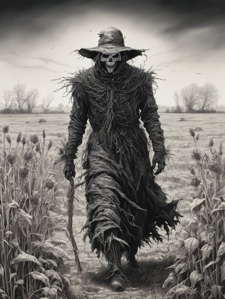 Pure Black and white pen sketch, scary ugly scarecrow