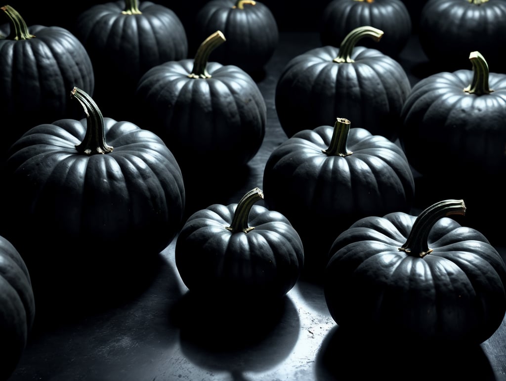 Black pumpkins on a black background 8k 50 pumpkins in view