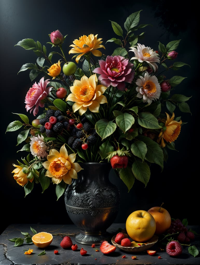 Craft a hyper-realistic still life painting showcasing a bouquet of exquisite flowers and fruits
