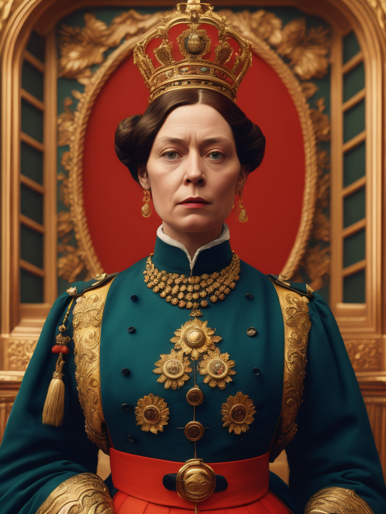 Queen Victoria, directed by wes anderson, wes anderson style, quirky, Vivid saturated colors, Contrast color, studio photo, professional photo, Rich colors, Detailed image, detailed face