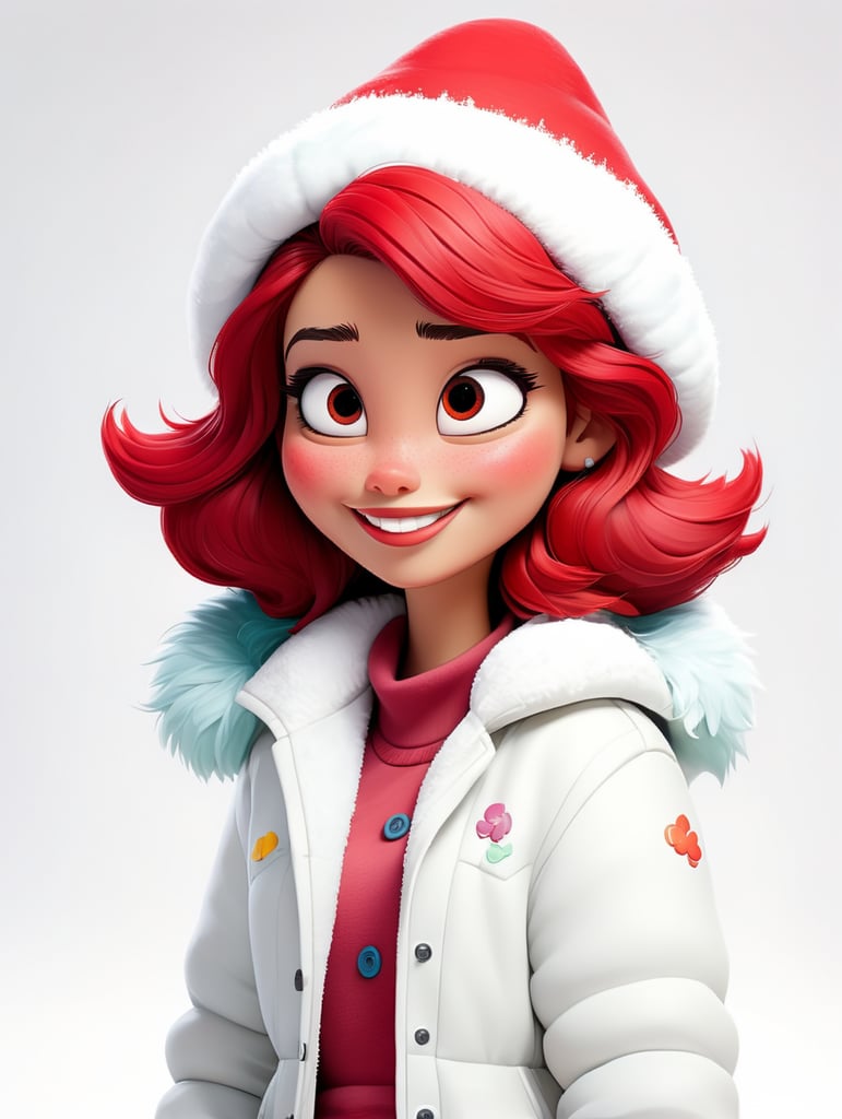 a happy young women with colored hair and red hat on his head is wearing a white fluffy jacket, isolated, white background