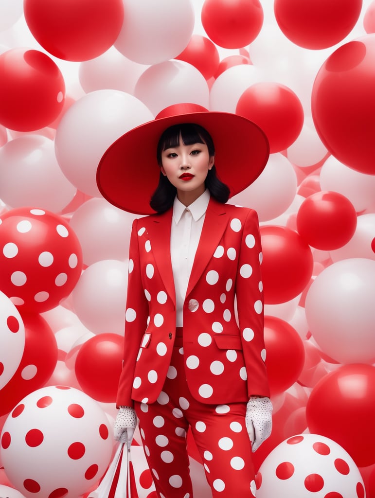 A woman of Asian appearance is dressed in a red suit with white large polka dots, a red hat with white large polka dots, red lipstick, a pale white face, against the background of large red abstract inflatable balloons, an image in the style of Yayoi Kusama
