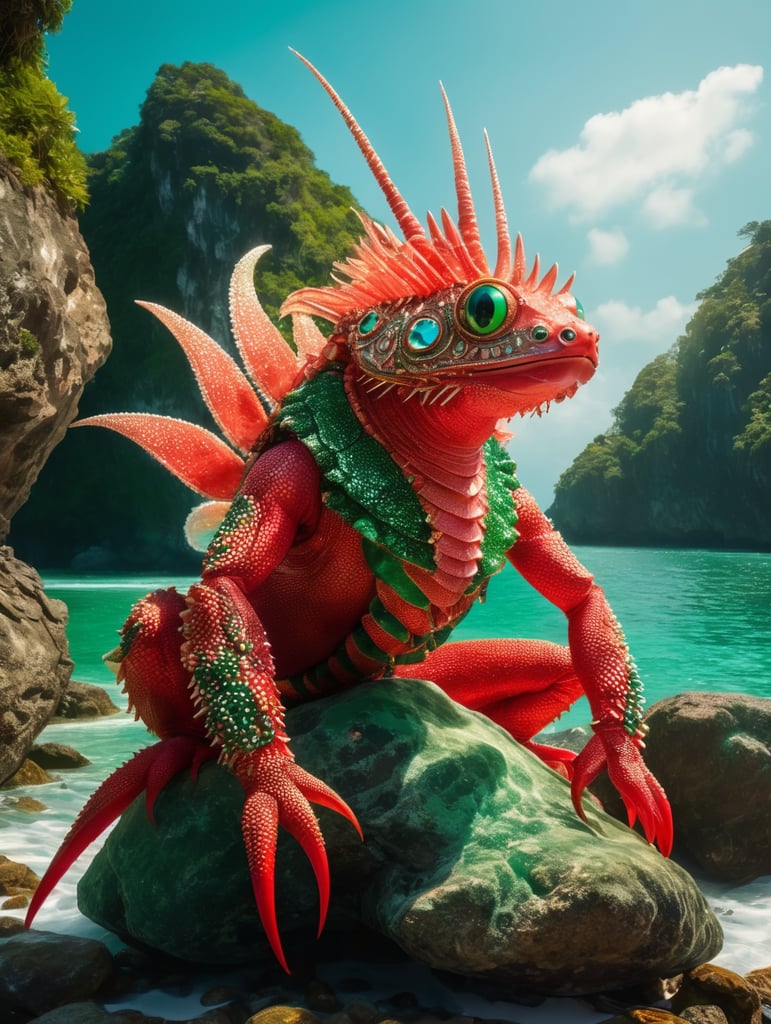 a colorful sea creature sitting on rocks, in the style of light red and light emerald, photographic source, sumatraism, elaborate costumes, bugcore, webcam photography, national geographic photo