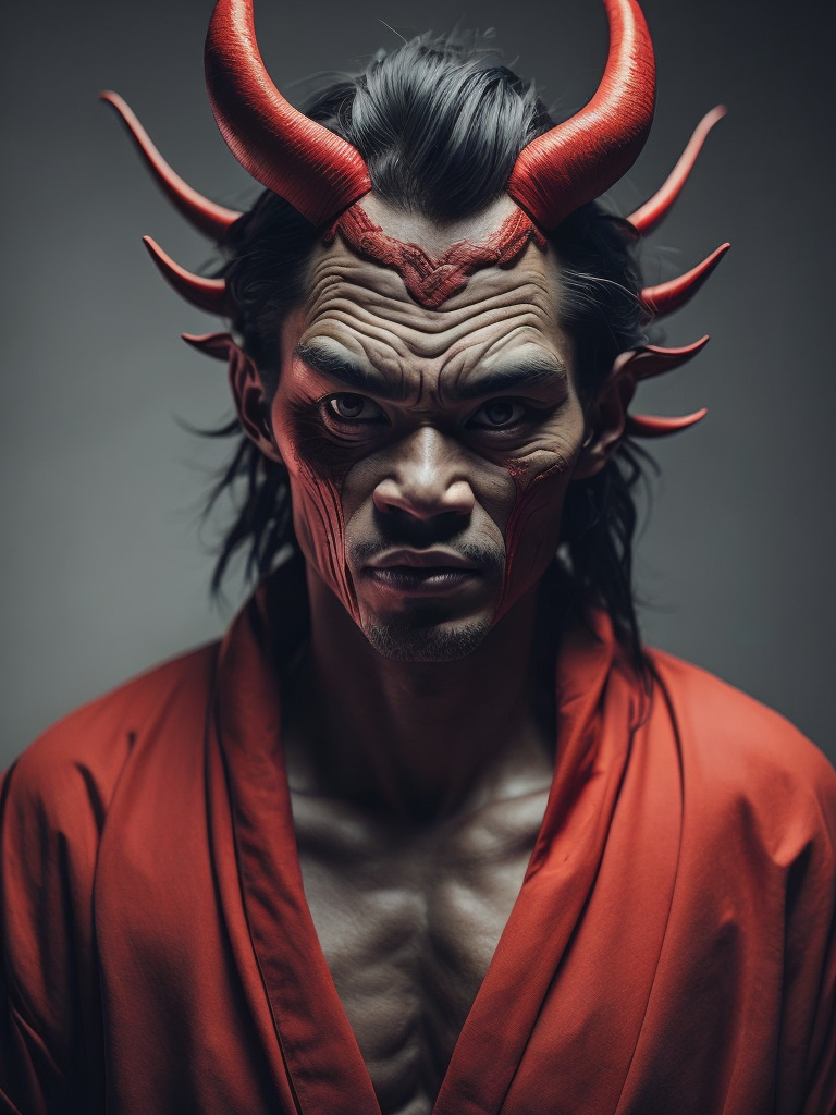 Portrait red japanese demon by Tiago Hoisel, gradient background, Depth of field, Incredibly high detail