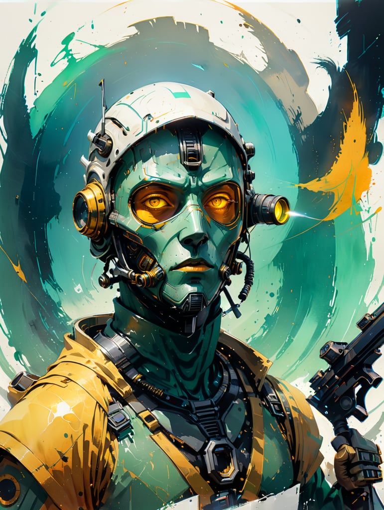 kyuzo, science fiction, green skin, yellow eyes, thin round shield as hat on head, breathing mask, blaster rifle, long robes over light armor, ralph mcquarrie style