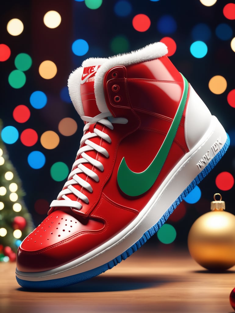 3D Sneakers, By Nike, designed for Santa Claus, advanced color blue, high detail, studio lighting, christmas background, 8k UHD, C4D, blender, OC rendering.