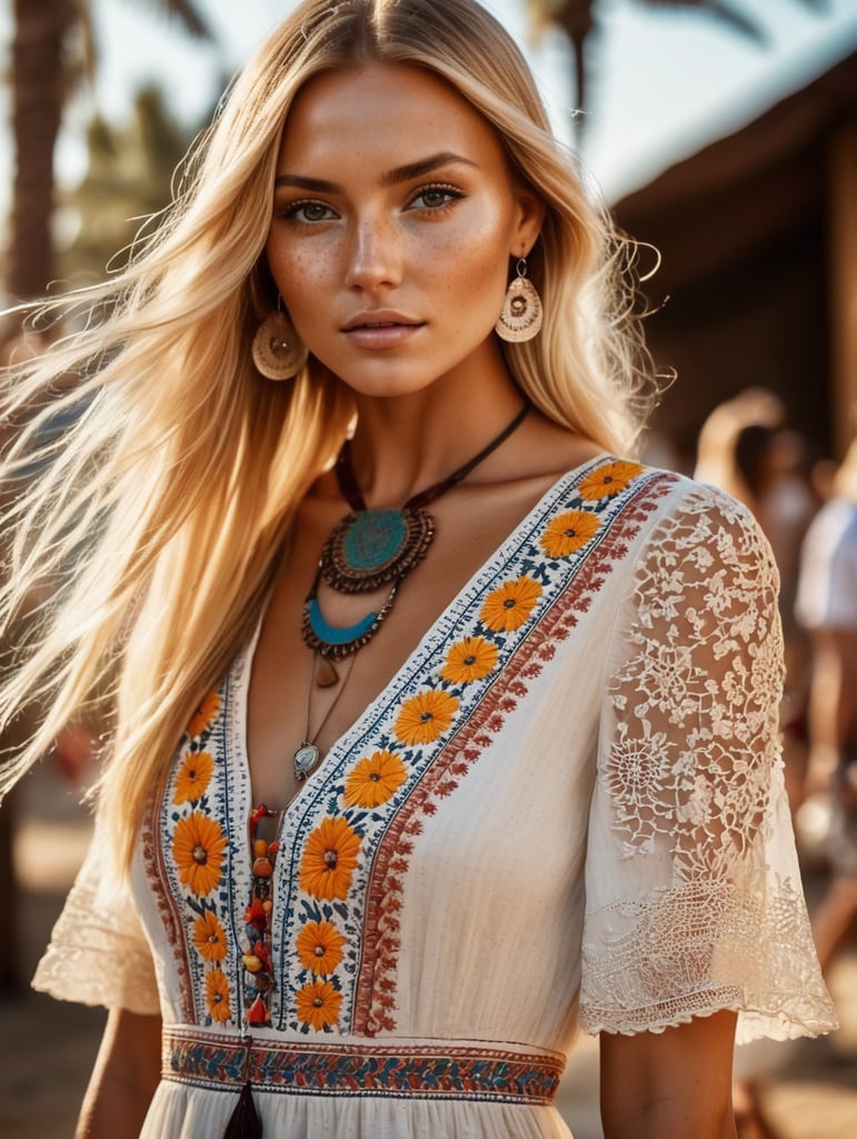 beautiful freckled blonde embroidered dress stunning fashion Coachella photo 8k tanned skin fashion inspiration blonde goddess summer style fashion photography
