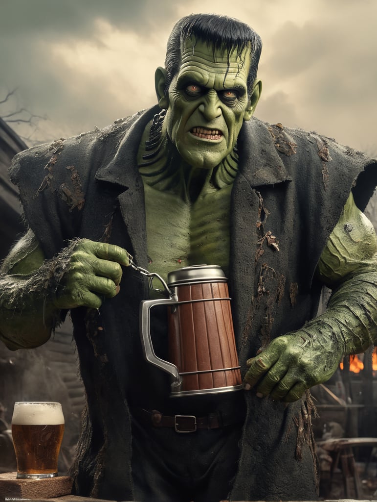 herman munster as Frankenstein's Monster, Green Skin, muted color palette, atmospheric, creepy, intricate detail, reanimated corpse, scar tissue, decomposing, starring eyes, horror, horrific, bolts sticking out of sides of neck, gangrene, veins, mutilated, stitches on forehead, standing next to barbecue grill outdoors holding a beer stein in one hand