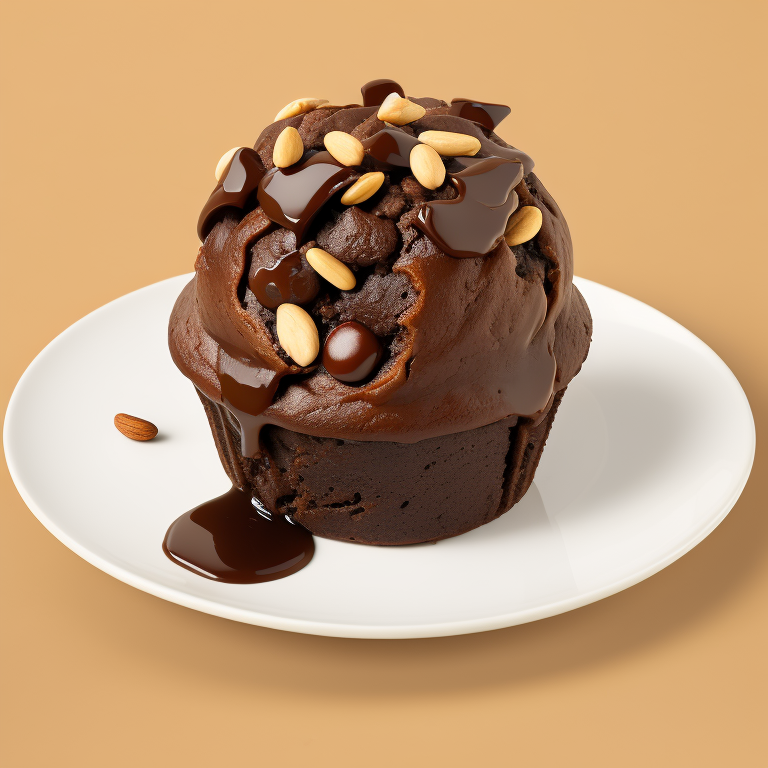 chocolate muffin with nuts on a plate, focus on details, high quality photo