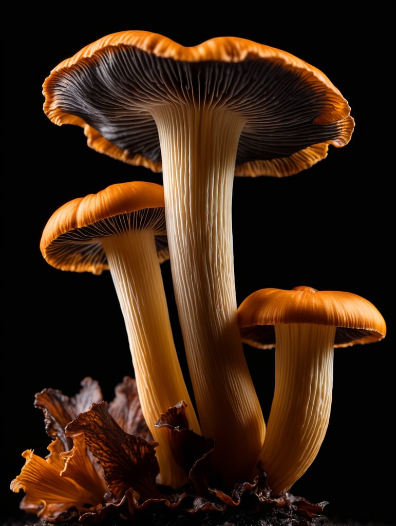 Macro photo of a black chanterelle mushroom, isolated, black background