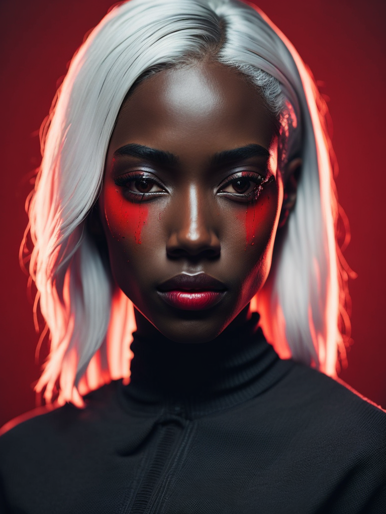 black girl on a red background, red light reflection on her face, White hair