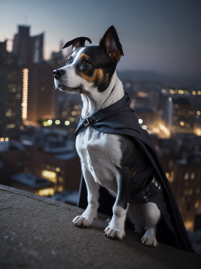 jack russell in a batman costume on the edge of the roof looking at the city