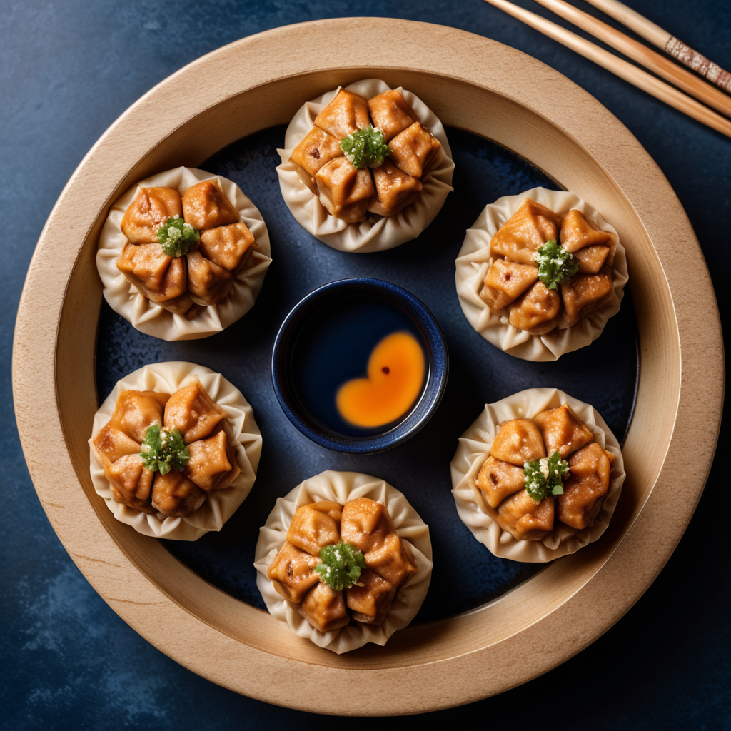 three, chicken Shumai dumpling, dark blue surface, top view