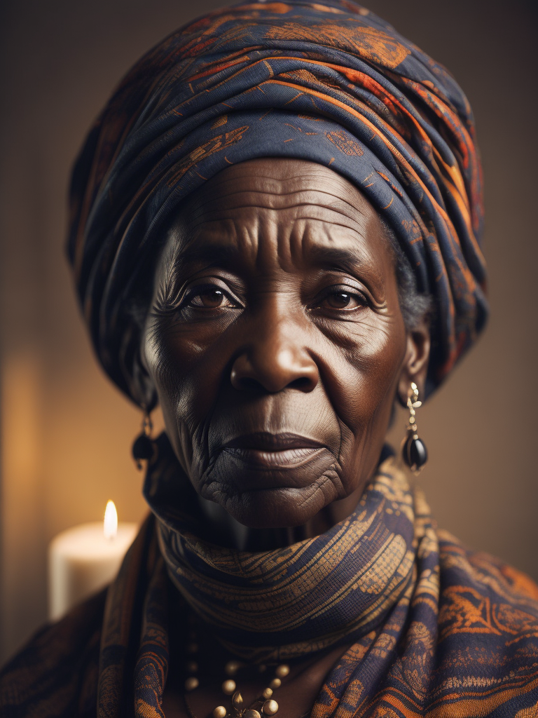 Intricate portrait of a very old African woman with wrinkles, illuminated by warm litted candles, with a backdrop of eerie dungeion . stunning interpretive visual, maximalist scarf and veil. f1.0lens, tilt-shift, shalllow DOF. dramatic lighting. chiaroscuro,