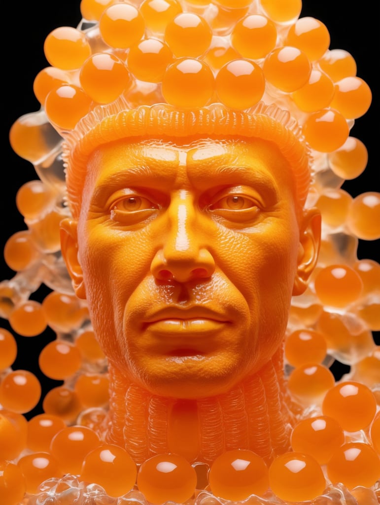 Portrait of a Translucent orange man made from the orange fruit, organs are visible through the jelly, isolated black background