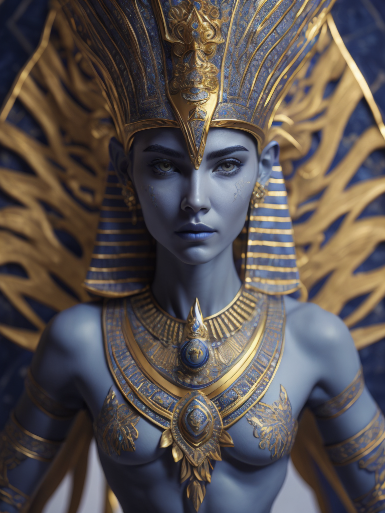 mythology goddess creature with Tutankhamen mask made of azulejo’s white and blue, gothic, gold, Neoclassical, elegant, beauty, antique classical, masterpiece, Canon50, Beautiful Lighting, Sad, highly detailed, detailed facial features, unreal engine, Octane Render, very detailed eyes, symmetrical eyes, mythology, hd, 3d, hq,